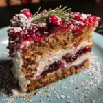 A festive slice of christmas birthday cake featuring cranberry glaze, sugared cranberries, and fresh rosemary on a blue plate.