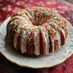 A beautifully decorated christmas bundt cake with white icing and festive sprinkles on an elegant plate against a red backdrop.