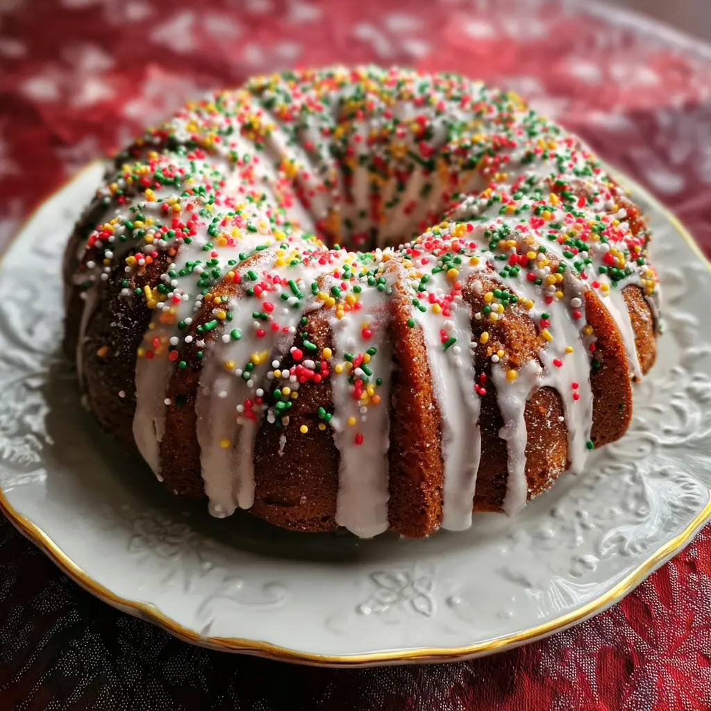 A beautifully decorated christmas bundt cake with white icing and festive sprinkles on an elegant plate against a red backdrop.