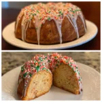 Festive Christmas bundt cake with white glaze and colorful sprinkles, shown whole and sliced revealing a funfetti interior.