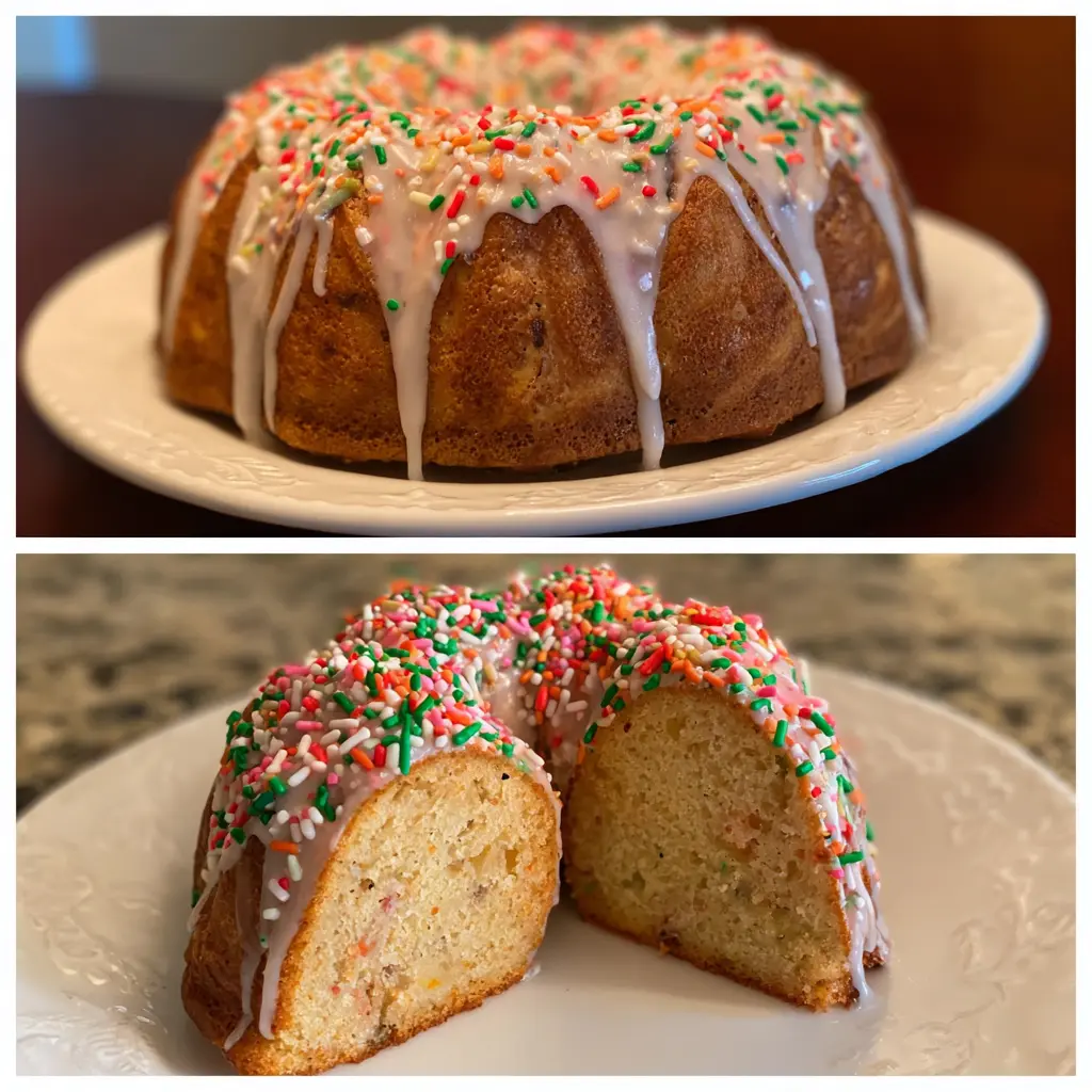 Festive Christmas bundt cake with white glaze and colorful sprinkles, shown whole and sliced revealing a funfetti interior.