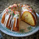 A festive golden-brown christmas bundt cake, glazed and sprinkled, with a slice removed on a floral plate.