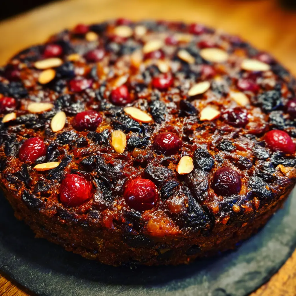 Close-up, top-down view of a rich, fruit-and-nut-laden christmas cake on a dark platter.