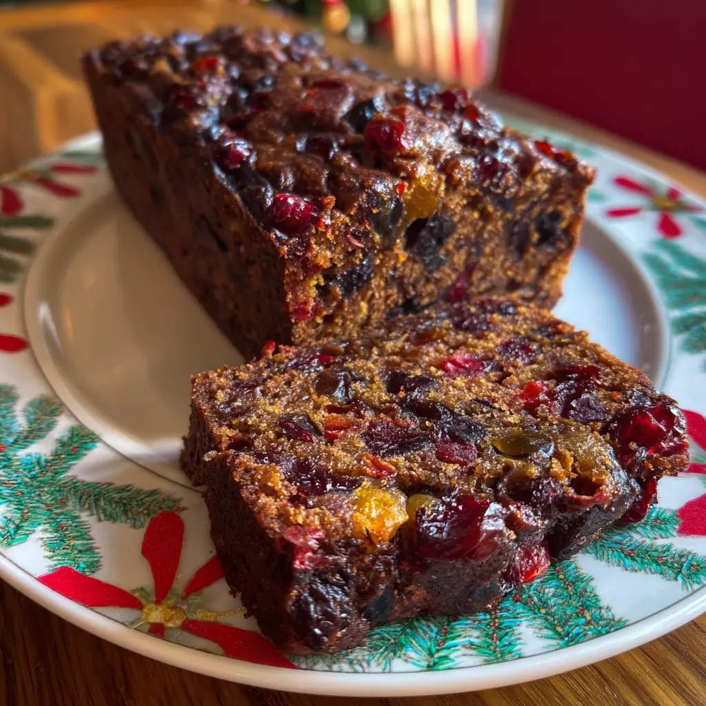 Mouth-watering homemade fruitcake, a classic Christmas cake, with a slice cut and ready to enjoy on a festive plate.