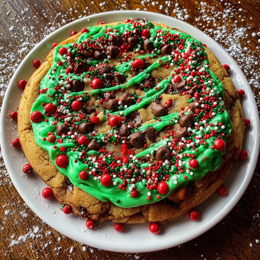Overhead view of a festive **christmas cookie cake** with vibrant green icing, red and green sprinkles, chocolate chips, and red candies on a white plate, set on a rustic wooden background dusted with "snow".