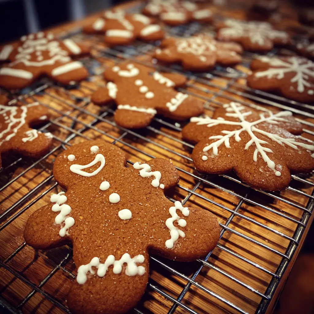 Freshly baked and intricately decorated gingerbread cookies cooling on a rack, inspired by a delightful gingerbread recipe.
