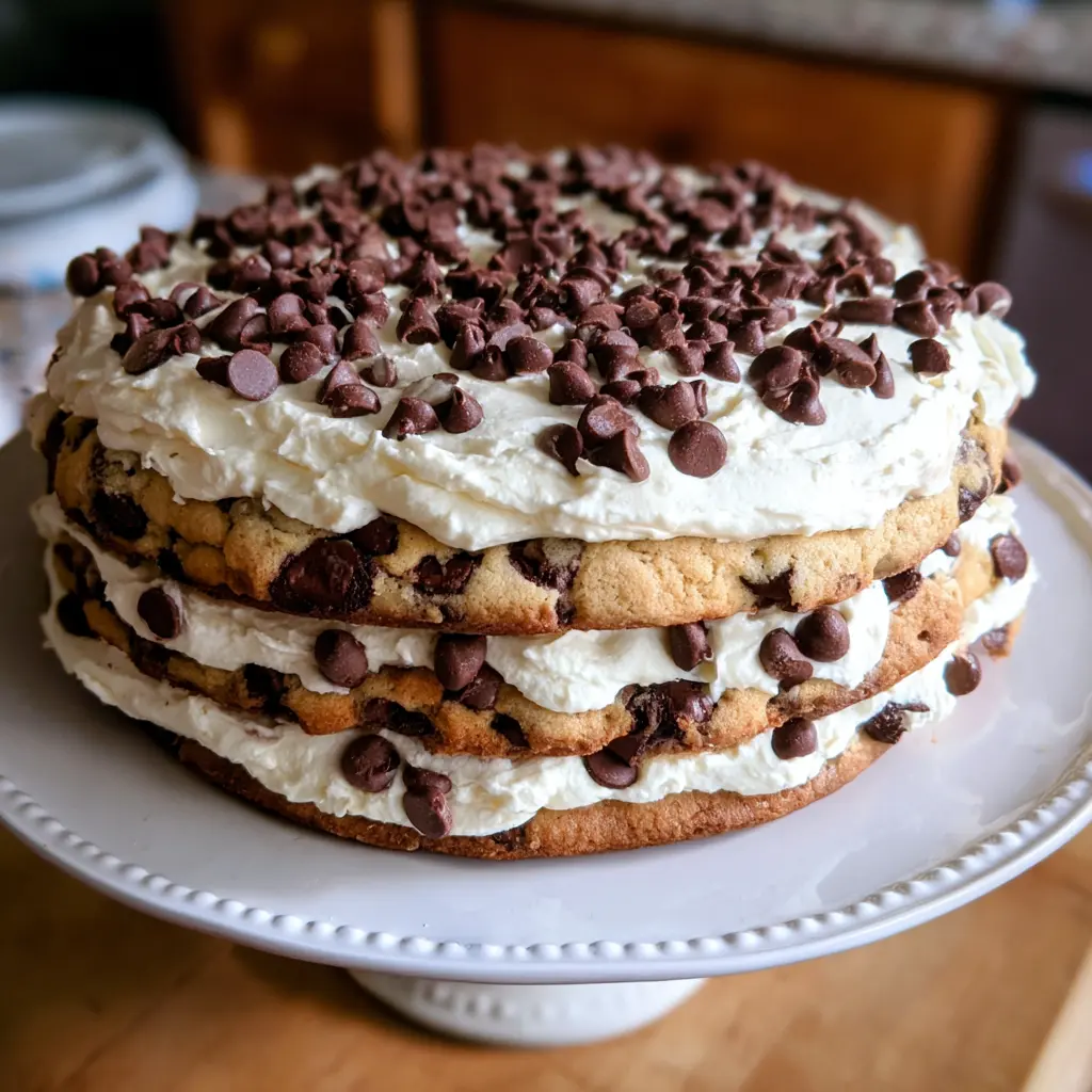 Homemade Cookie Cake Recipe 2 Delicious three-tiered chocolate chip cookie cake with white frosting on a cake stand.