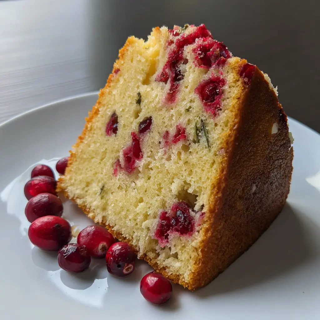 Classic Cranberry Cake Recipe 2 A close-up of a moist, herb-infused cranberry cake slice on a white plate, garnished with fresh cranberries.