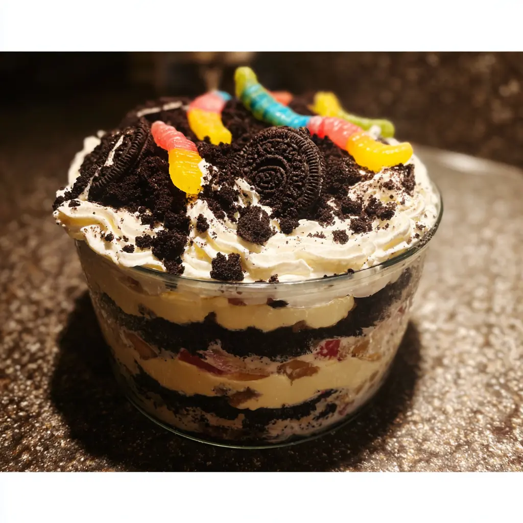 Best Ever Oreo Dirt Cake Recipe 2 Close-up of a whimsical layered dirt cake with gummy worms in a trifle bowl.