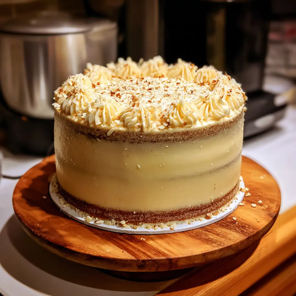 Festive Eggnog Cake Recipe 2 A beautifully decorated, multi-layered naked eggnog cake with creamy frosting, chopped nuts, and spices on a rustic wooden stand.