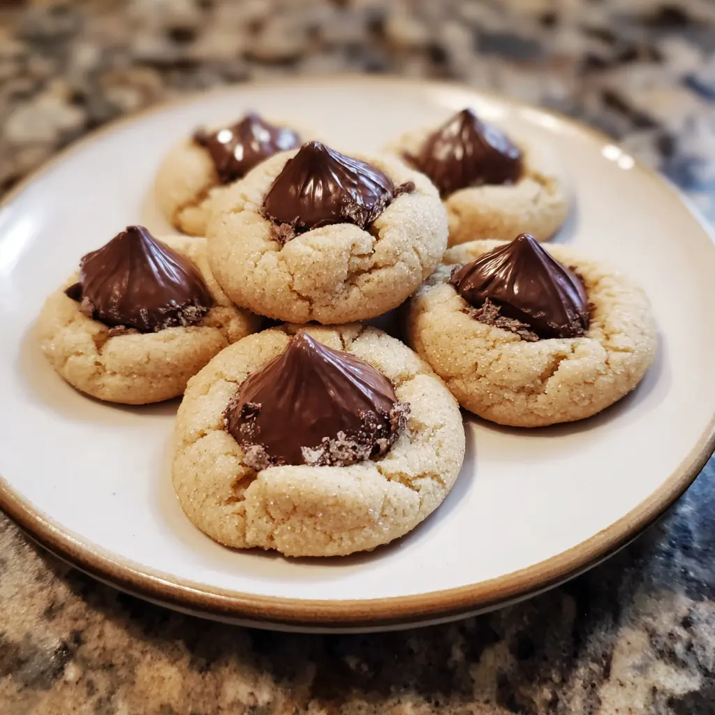 A close-up of sparkling, sugar-coated Hershey Kiss cookies on a rustic white plate, perfect for a homemade hershey kiss cookies recipe.