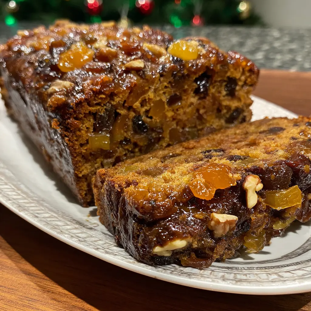 Classic Fruit Cake Recipe: A Festive Holiday Tradition 2 Deliciously glazed fruit cake, partially sliced, on a festive background.