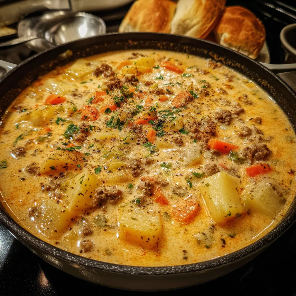 Hearty & Delicious Cheeseburger Soup Recipe 2 Close-up of a hearty, creamy cheeseburger soup with potatoes, ground meat, and carrots in a dark Dutch oven, garnished with fresh herbs.