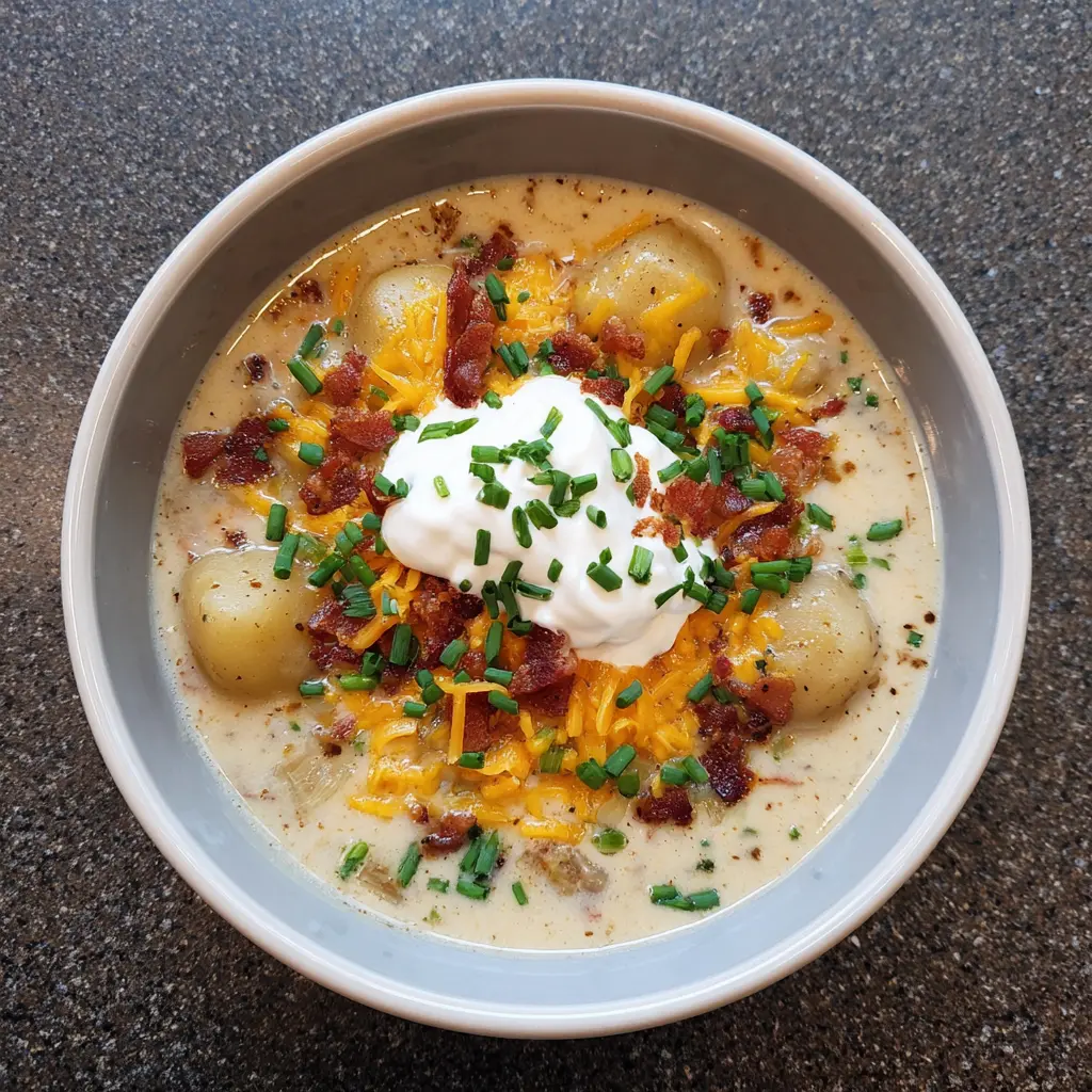 The Best Creamy Potato Soup Recipe 2 Close-up overhead view of a hearty bowl of loaded potato soup topped with sour cream, chives, cheddar cheese, and crispy bacon bits.