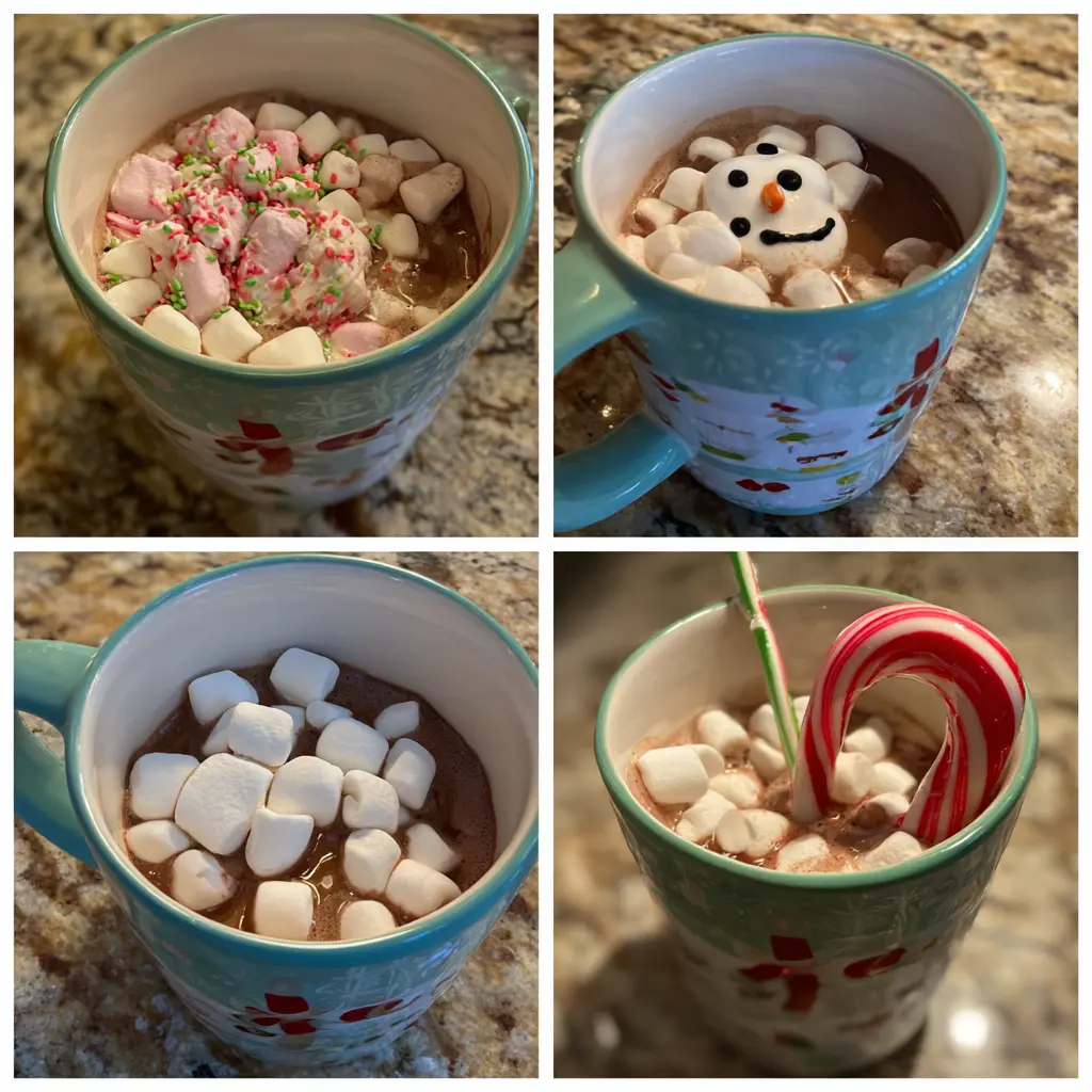 The Ultimate Guide to Snowman Soup 2 Four festive mugs of hot chocolate, including one with a charming marshmallow snowman, perfect for warm snowman soup.