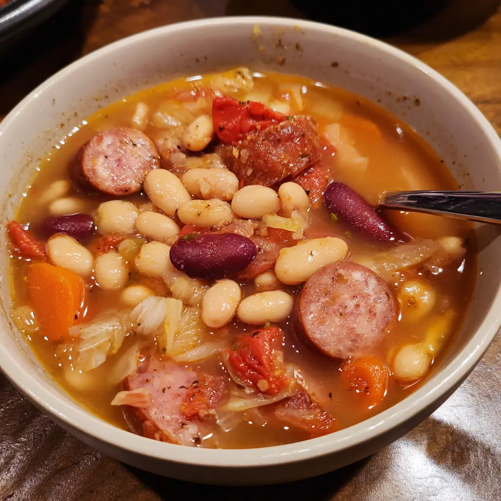 Close-up of a hearty bowl of 15 bean soup with sausage, various beans, and vegetables, ready to be enjoyed.