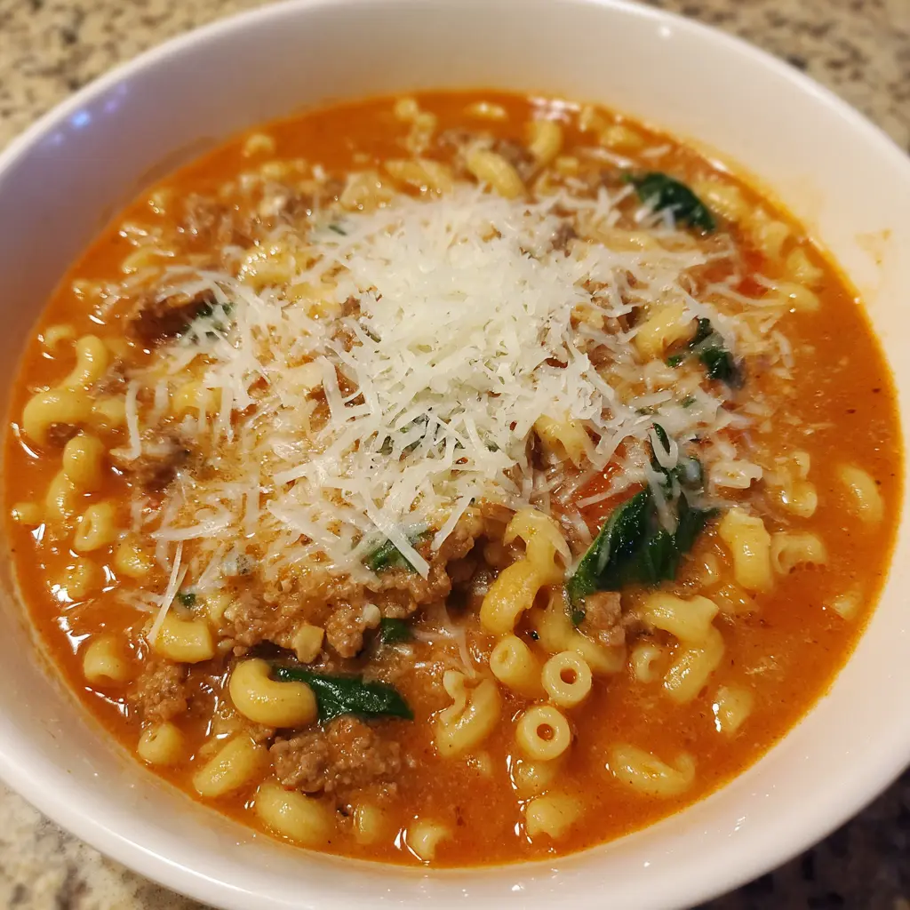 Hearty Italian Sausage Ditalini Soup 2 A comforting bowl of hearty ditalini soup with crumbled meat, spinach, and topped with grated Parmesan cheese.