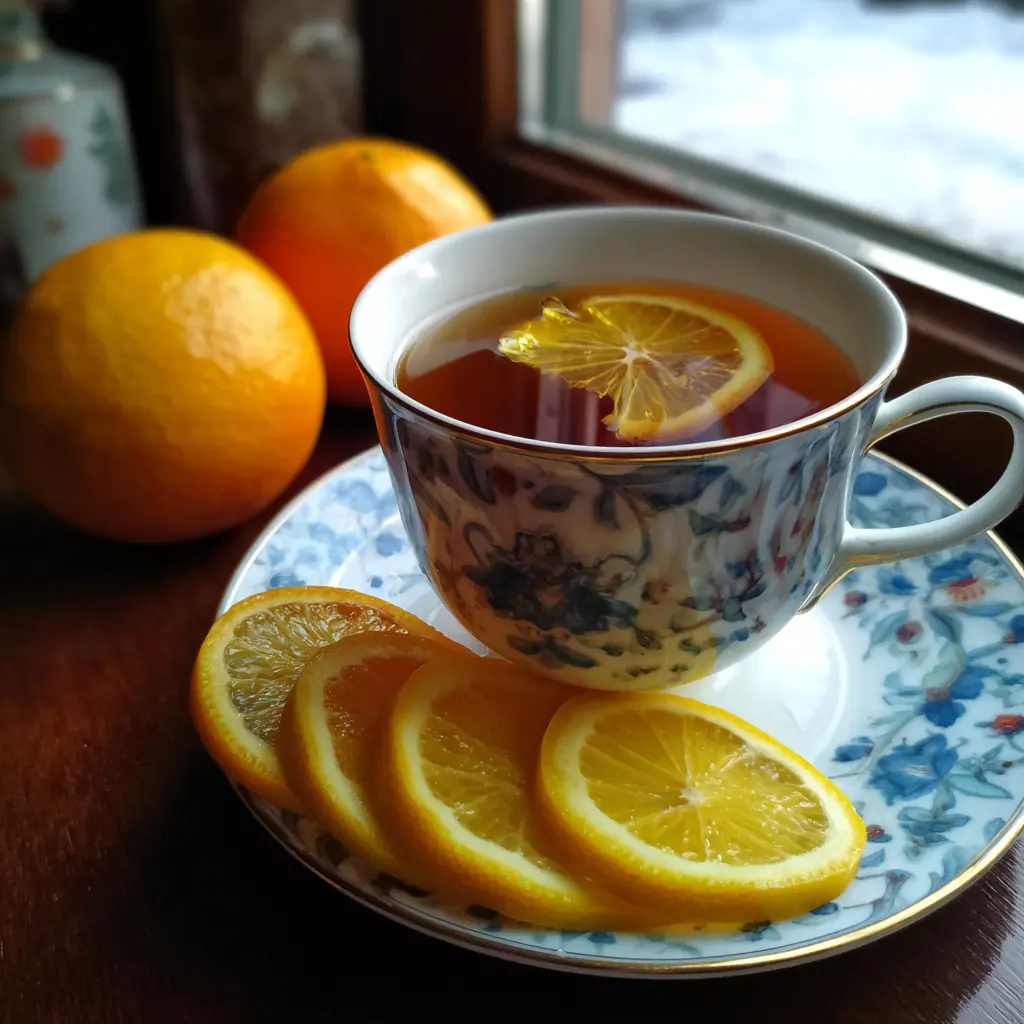 A warm russian tea recipe in a floral teacup with lemon and oranges on a dark wooden table, set against a wintry window view.
