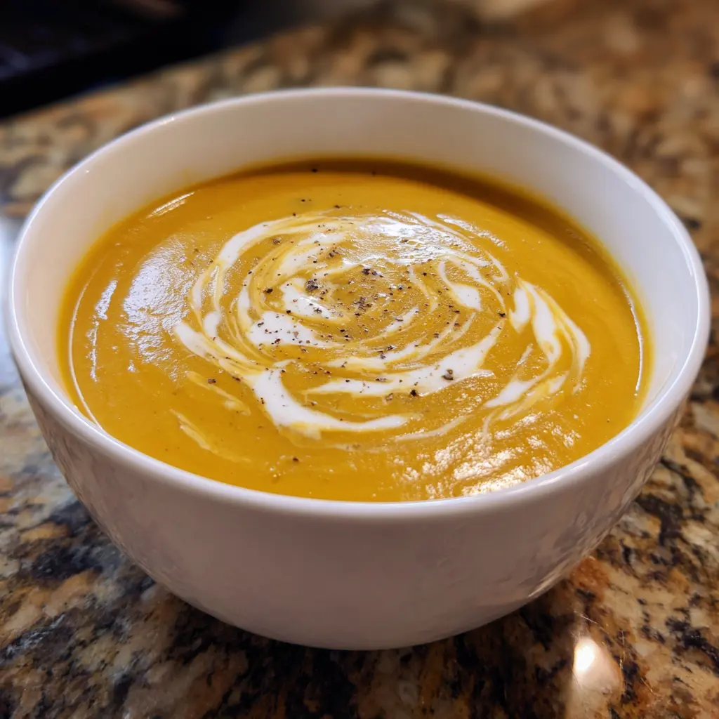 Creamy butternut squash soup recipe garnished with a beautiful cream swirl and black pepper in a white bowl.