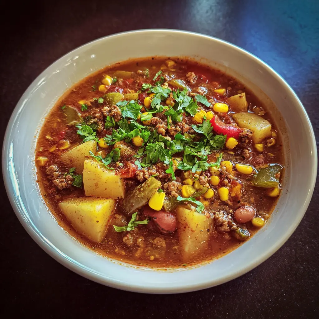 Hearty One-Pot Cowboy Soup Recipe 2 A hearty bowl of chunky cowboy soup with ground meat, potatoes, corn, and beans, garnished with fresh herbs.