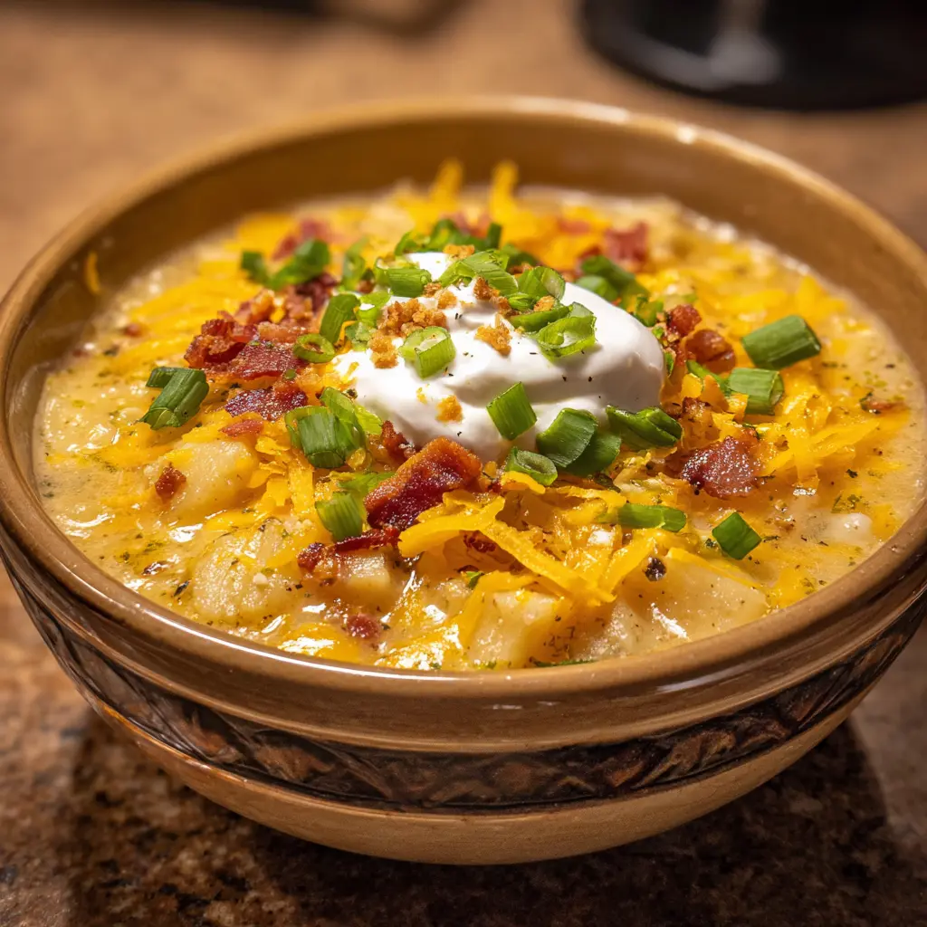 Quick & Creamy Hashbrown Potato Soup 2 A close-up of creamy, loaded hashbrown potato soup in an earthy bowl, garnished with crispy bacon, melted cheese, sour cream, and fresh green onions.