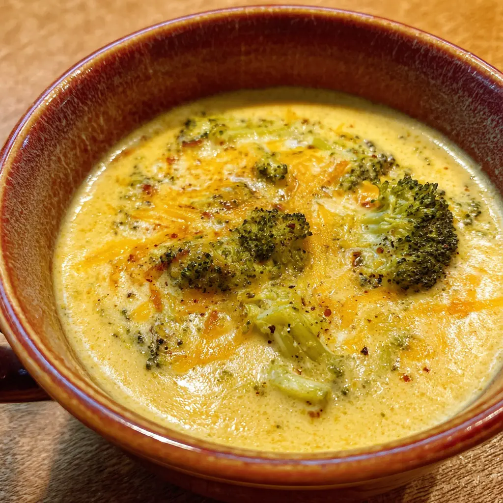 Creamy Classic Broccoli Cheese Soup Recipe 2 A vibrant, creamy bowl of homemade broccoli cheese soup with tender florets and melted cheddar, viewed from a top-down perspective.