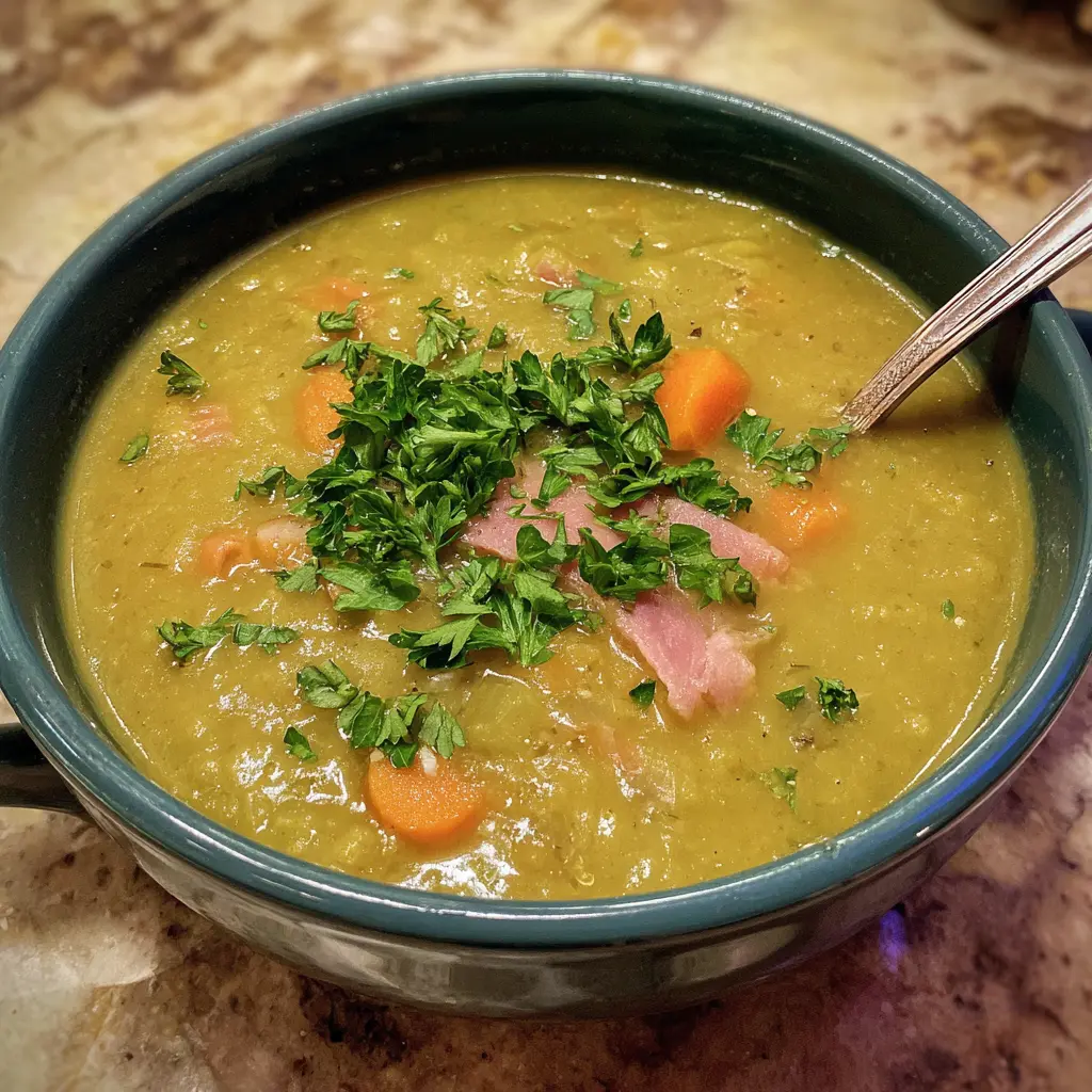Hearty Split Pea Soup Crockpot Recipe with Ham 2 Warm bowl of hearty split pea soup with ham and carrots, slow-cooked in a crockpot and garnished with fresh parsley.