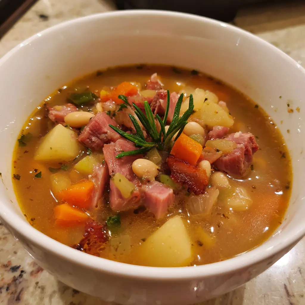 Hearty Ham Bone Soup (Slow Cooker & Stovetop) 2 A close-up, top-down view of a hearty bowl of ham bone soup, garnished with fresh rosemary, on a speckled countertop.