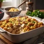 Creamy chicken casserole with golden stuffing topping baked in a white dish, garnished with fresh parsley