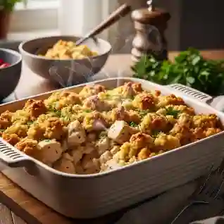 Easy Chicken Casserole Recipes: Your Go-To Comfort Food 2 Creamy chicken casserole with golden stuffing topping baked in a white dish, garnished with fresh parsley