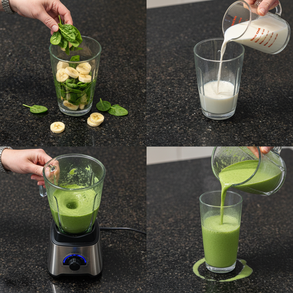 spinach-banana-smoothie-blending-prep Spinach, bananas, and milk being blended in a high-speed blender to create a smooth spinach banana smoothie.