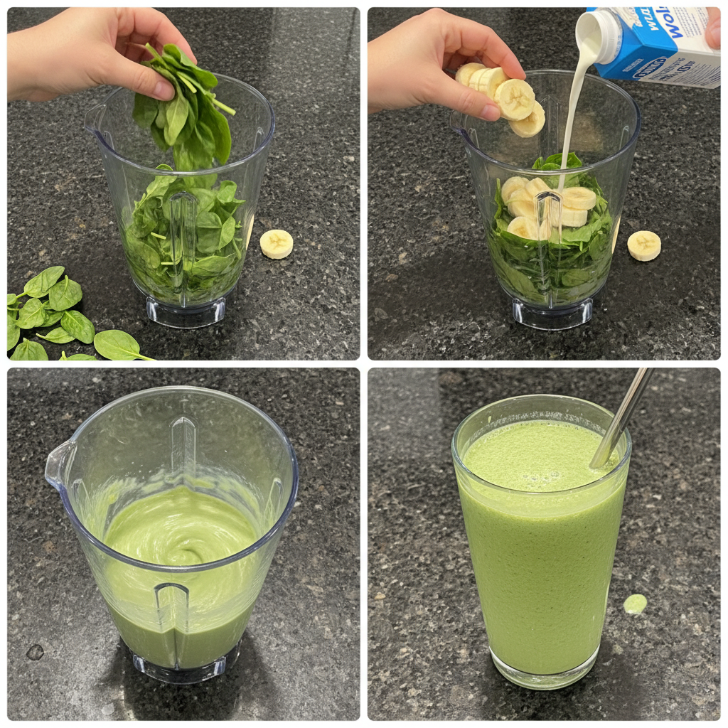 spinach-banana-smoothie-blending-prep A blender filled with fresh spinach, sliced bananas, and almond milk, ready to make a Spinach Banana Smoothie.