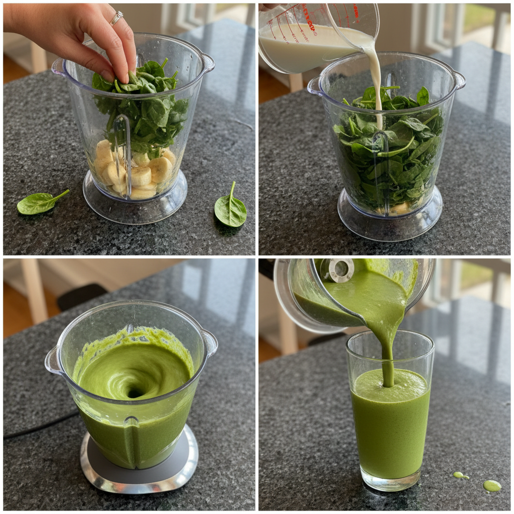 spinach-banana-smoothie-blending-prep A blender filled with spinach, banana slices, and liquid, whirring to create a smooth Spinach Banana Smoothie.