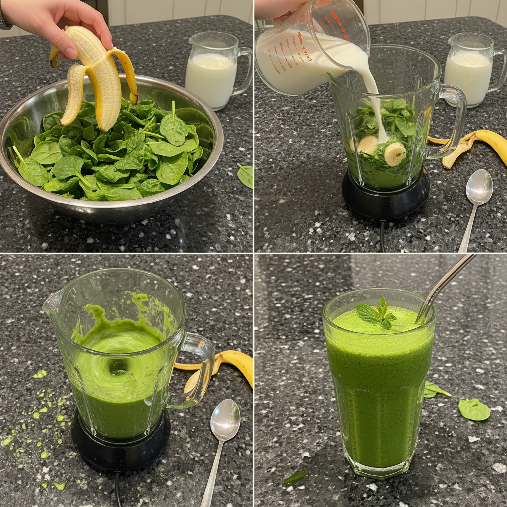 spinach-banana-smoothie-blending-prep A high-speed blender filled with fresh spinach, sliced bananas, and a splash of liquid, mid-blend, creating a spinach banana smoothie.
