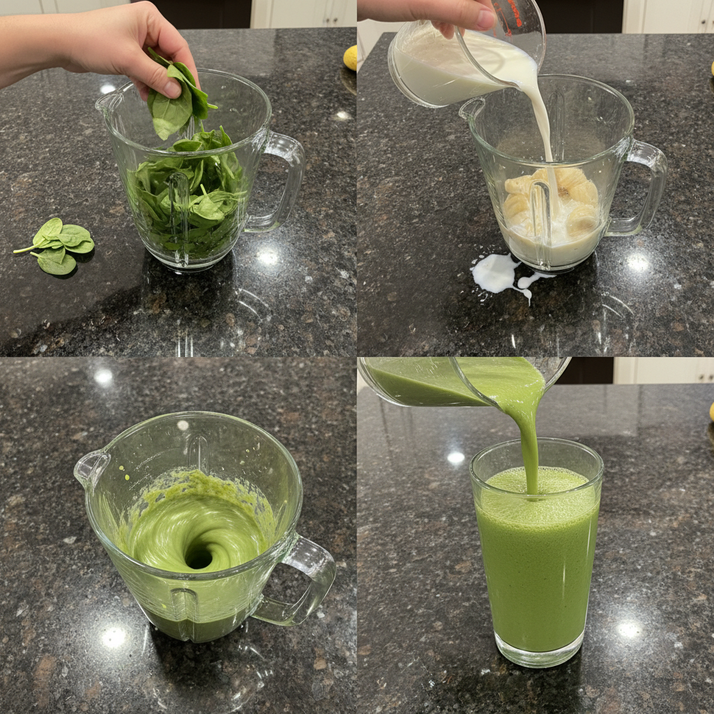 spinach-banana-smoothie-blending-process A high-speed blender actively mixing fresh spinach and bananas into a smooth Spinach Banana Smoothie.