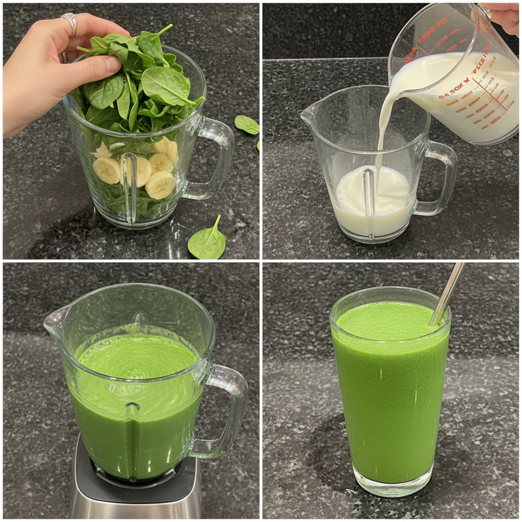 spinach-banana-smoothie-blending-process A high-speed blender mixing spinach, bananas, and milk into a smooth spinach banana smoothie.