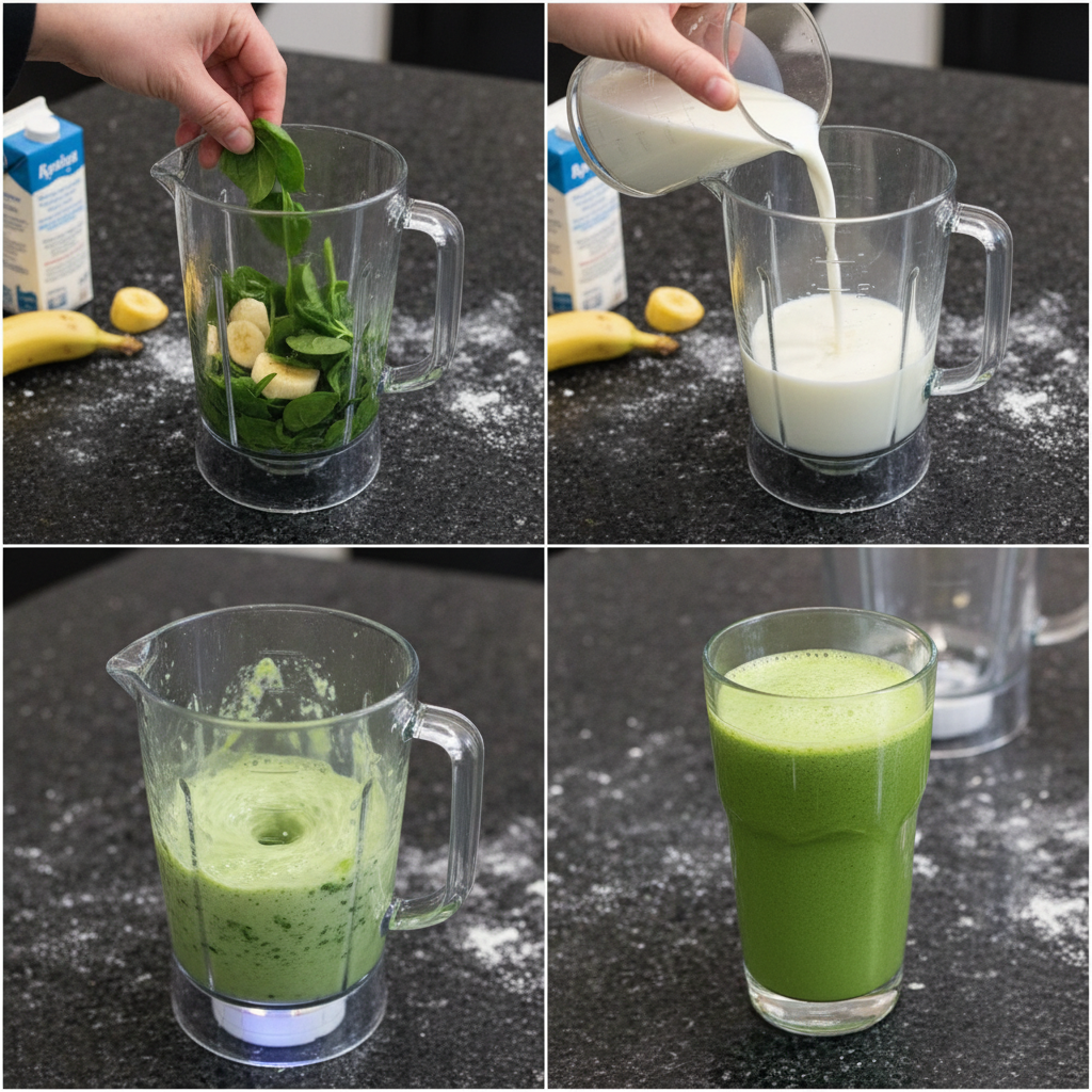 spinach-banana-smoothie-blending-process A blender filled with fresh spinach, sliced banana, and liquid, ready to be blended into a smoothie.