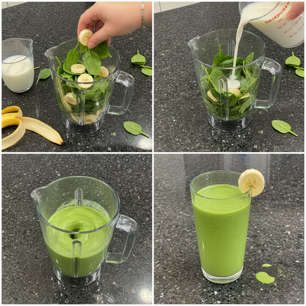 spinach-banana-smoothie-blending-process Fresh spinach and sliced bananas being blended with almond milk in a high-speed blender for a spinach banana smoothie.