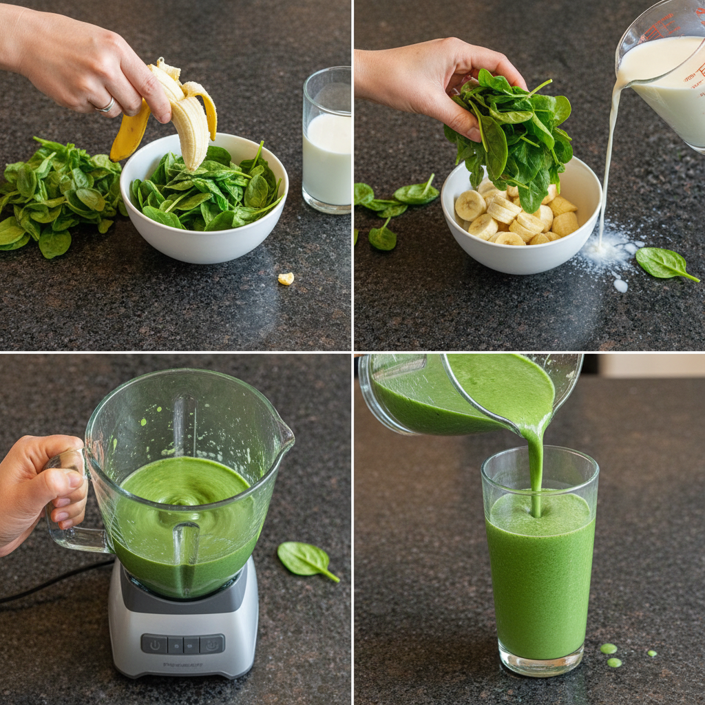 spinach-banana-smoothie-blending-step Hands adding fresh spinach and sliced banana into a high-speed blender, a key step in preparing a spinach banana smoothie.