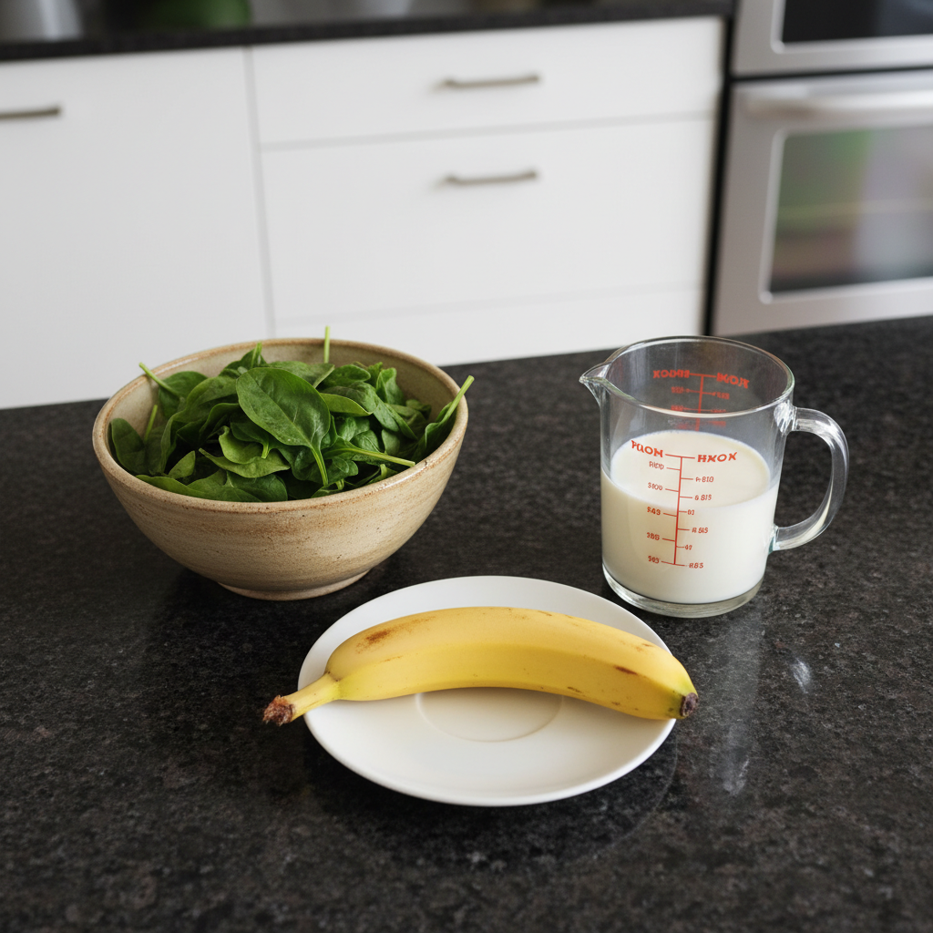 spinach-banana-smoothie-ingredients Fresh, wholesome ingredients for a healthy spinach banana smoothie, including ripe bananas, spinach leaves, and milk on a counter.
