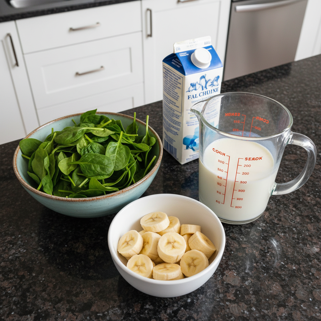 spinach-banana-smoothie-ingredients Fresh spinach, ripe bananas, milk, and other essential ingredients laid out for a healthy Spinach Banana Smoothie.