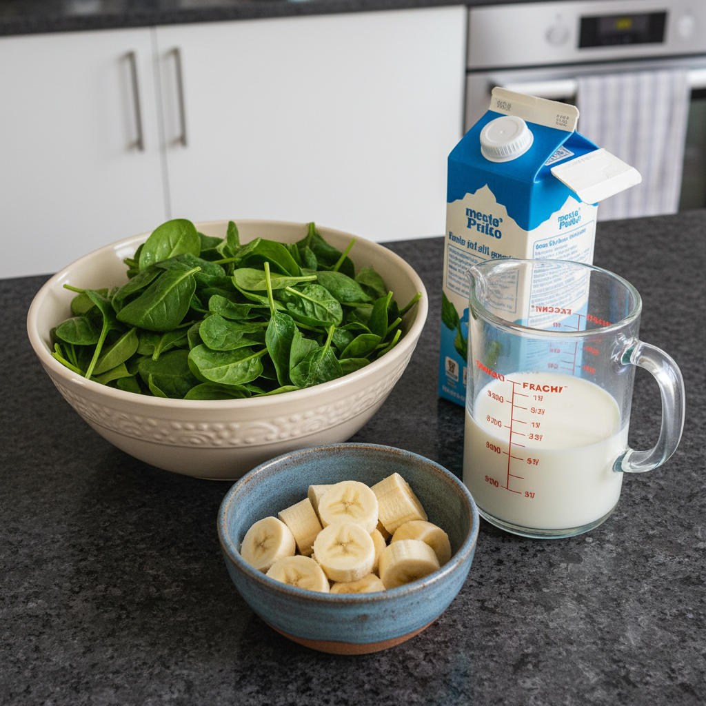 spinach-banana-smoothie-ingredients Fresh ingredients for a spinach banana smoothie laid out: leafy green spinach, ripe yellow bananas, and a liquid base.