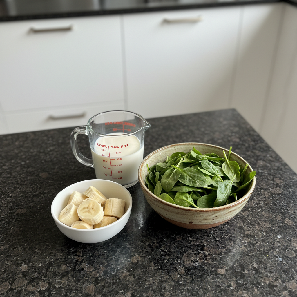 spinach-banana-smoothie-ingredients Fresh spinach, ripe bananas, almond milk, and ice cubes arranged for a delicious spinach banana smoothie.