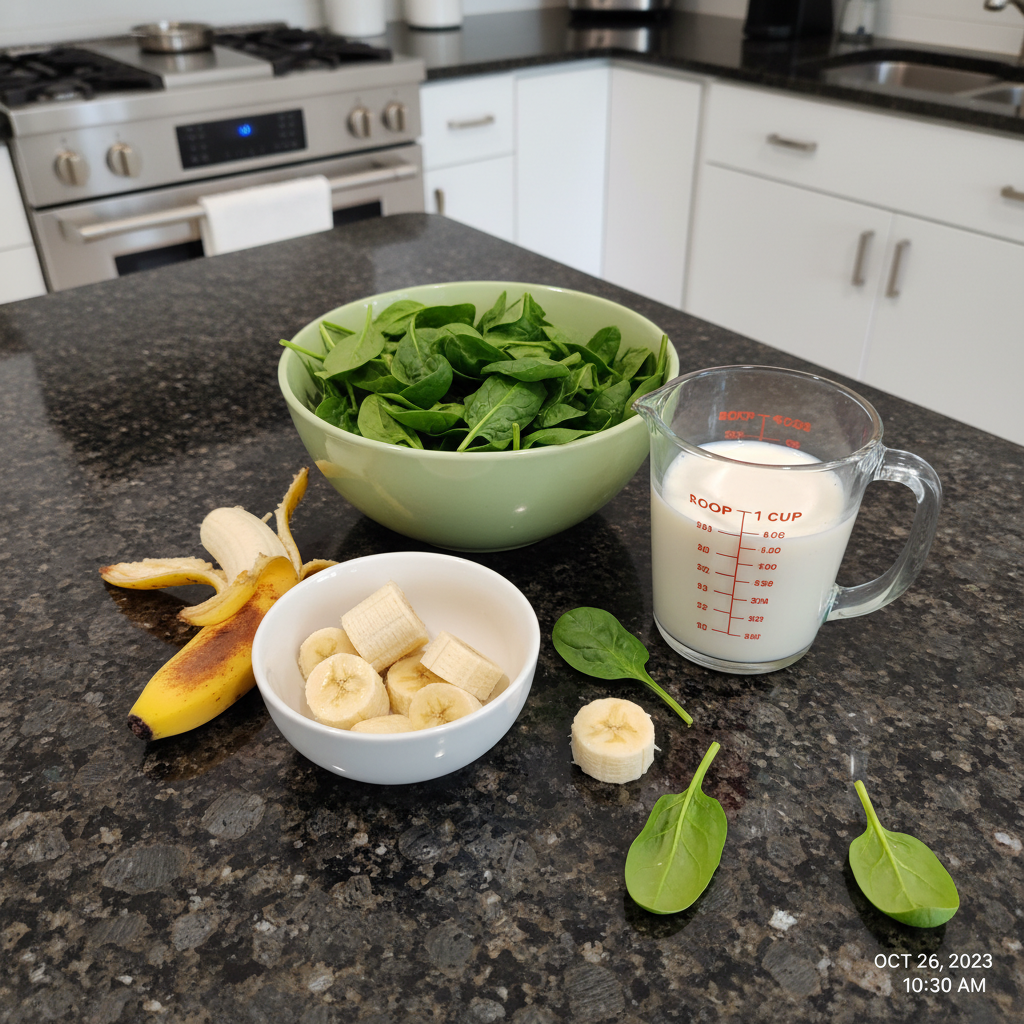 spinach-banana-smoothie-ingredients Fresh spinach leaves, ripe bananas, milk, and other key Spinach Banana Smoothie ingredients laid out on a wooden board.