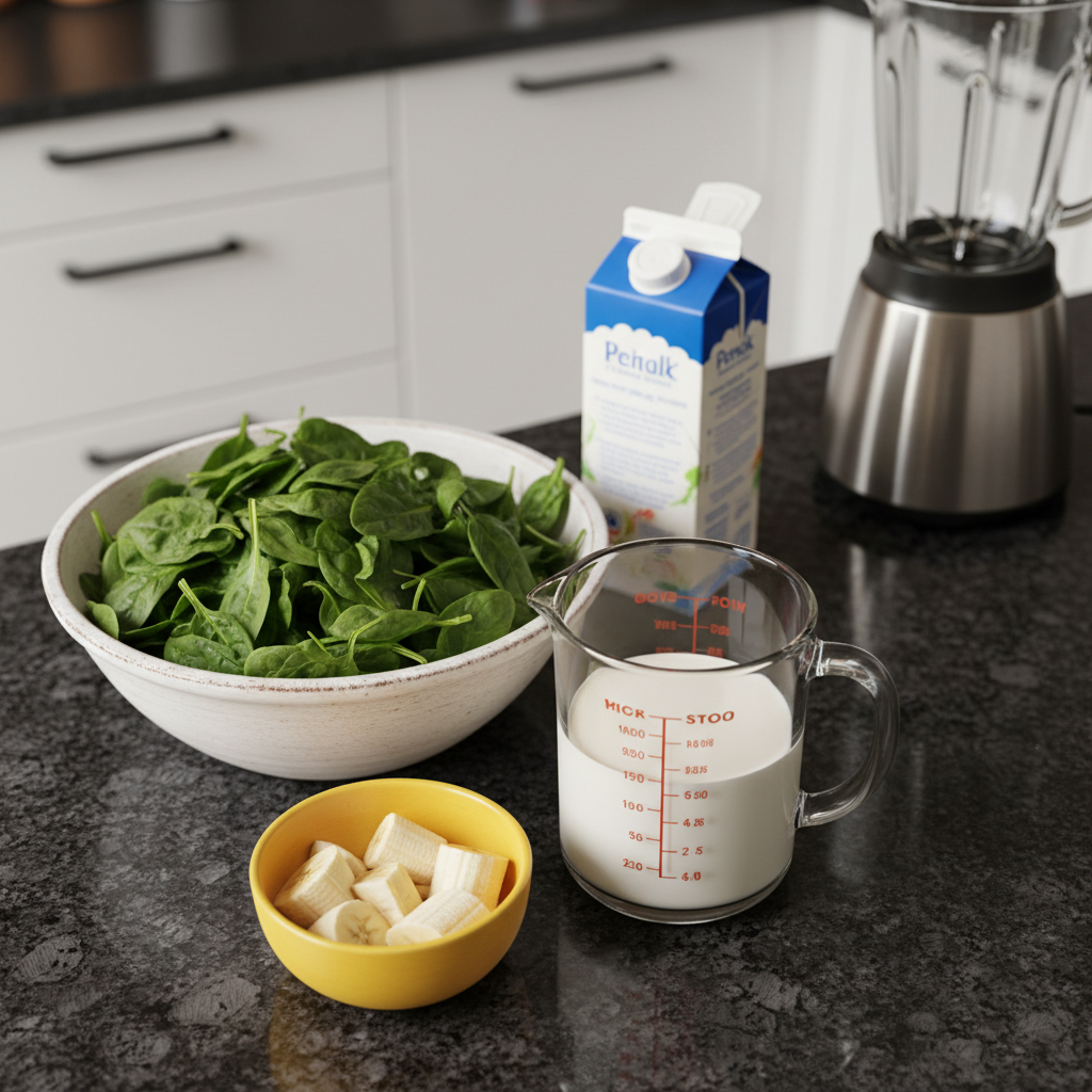 spinach-banana-smoothie-ingredients Fresh spinach leaves, ripe bananas, almond milk, and ice cubes arranged for a spinach banana smoothie recipe.