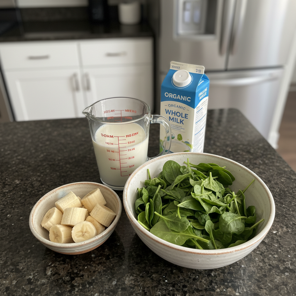 spinach-banana-smoothie-ingredients Fresh spinach leaves, ripe bananas, almond milk, and ice cubes laid out on a counter for a spinach banana smoothie.