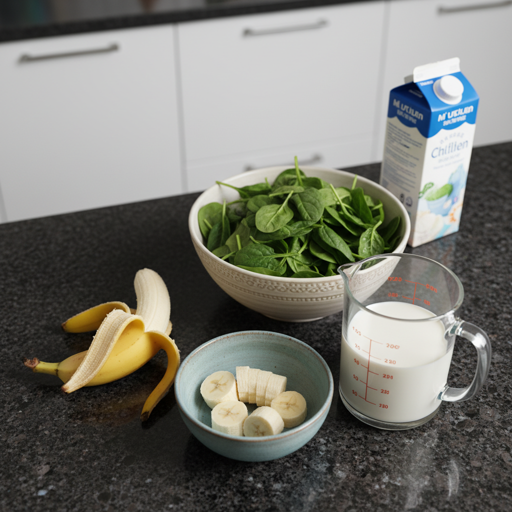 spinach-banana-smoothie-ingredients Fresh spinach, ripe bananas, milk, and other key ingredients laid out for a Spinach Banana Smoothie.