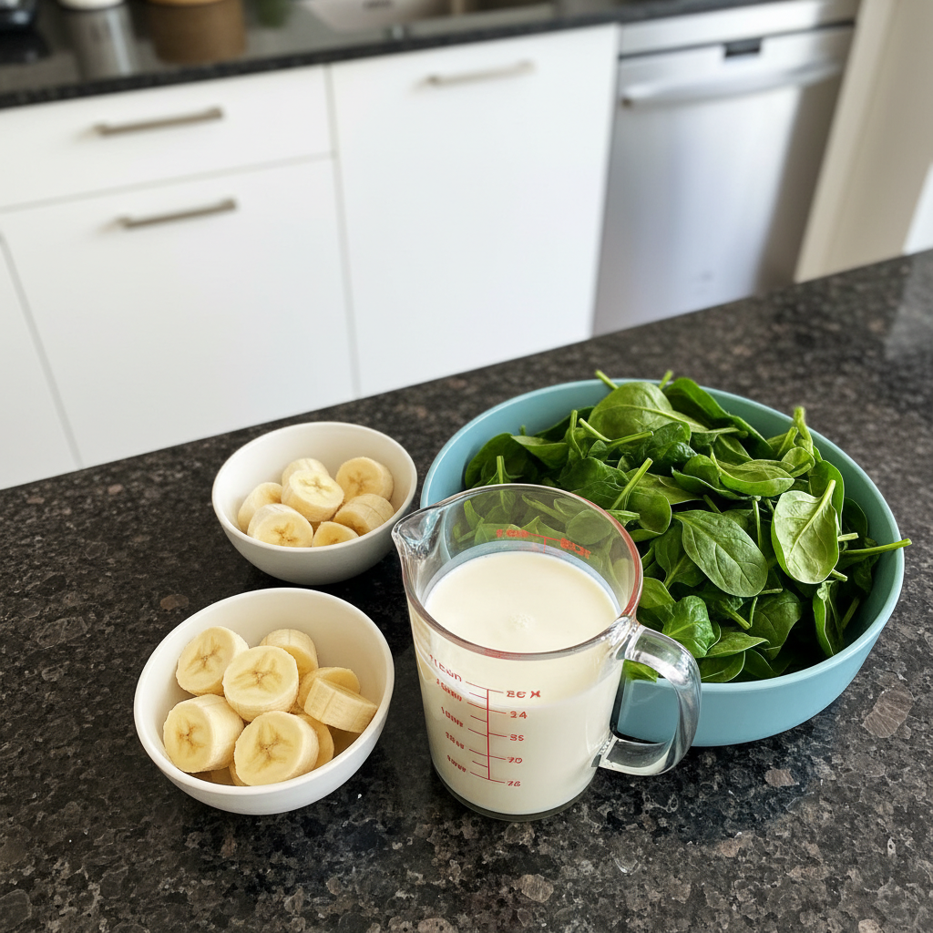 spinach-banana-smoothie-ingredients Fresh spinach leaves, ripe bananas, milk, and ice cubes laid out as ingredients for a spinach banana smoothie.
