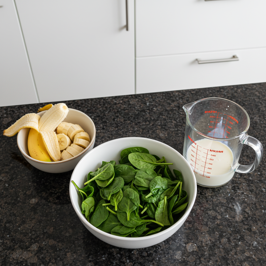 spinach-banana-smoothie-ingredients Fresh spinach leaves, ripe bananas, and other healthy ingredients laid out for a spinach banana smoothie.