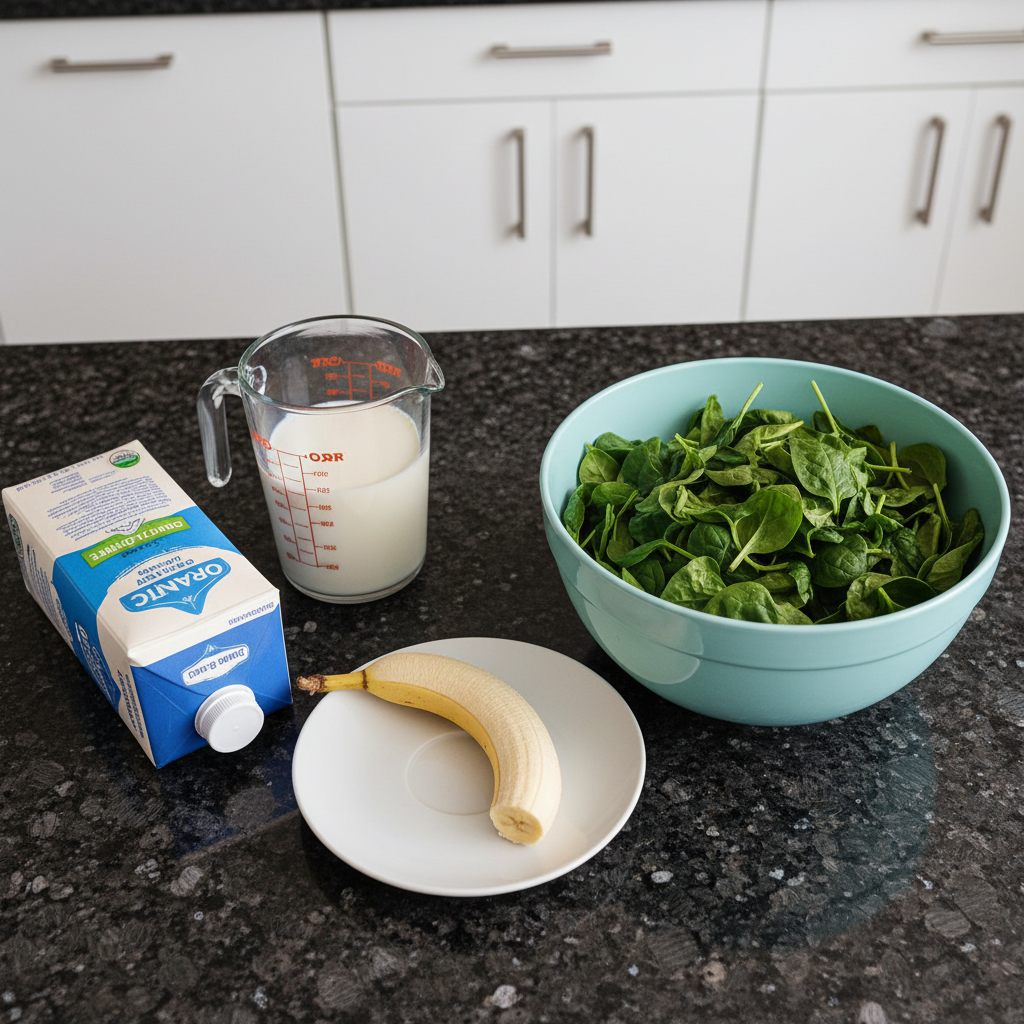 spinach-banana-smoothie-ingredients Fresh spinach leaves, ripe bananas, almond milk, and ice cubes laid out on a kitchen counter, ready for a Spinach Banana Smoothie.